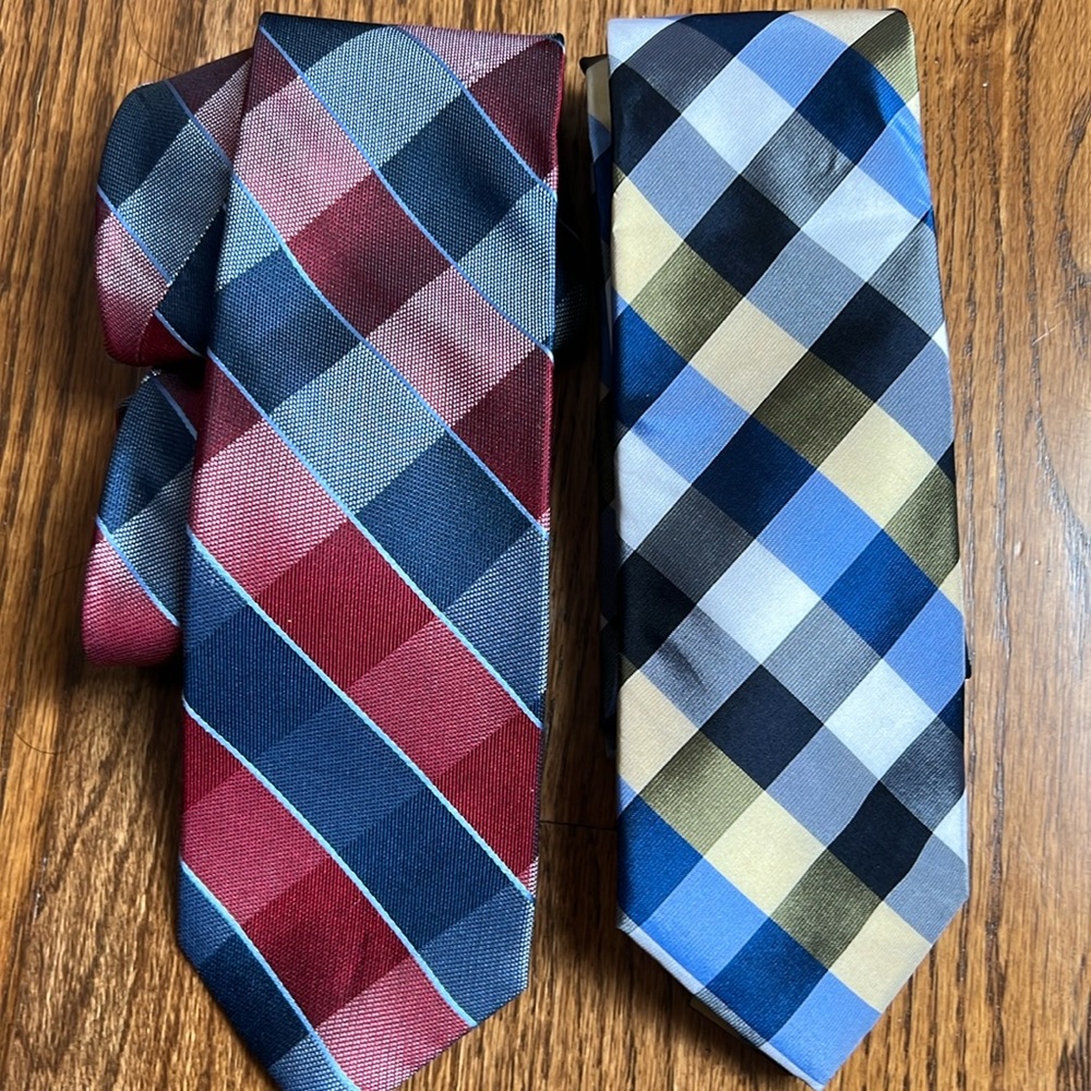 Chaps silk necktie - set of 2  plaid checkered print  blue red
